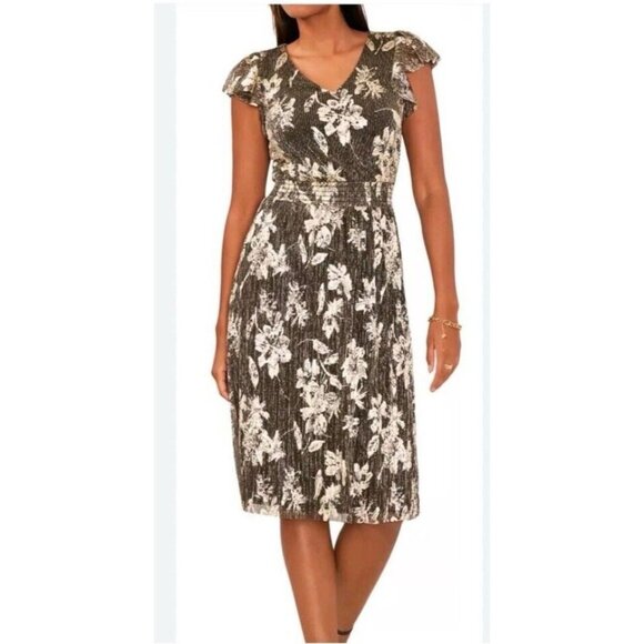 Vince Camuto Dress XS Extra Small Black Gold Flutter Sleeve Stretch NEW - Picture 1 of 16